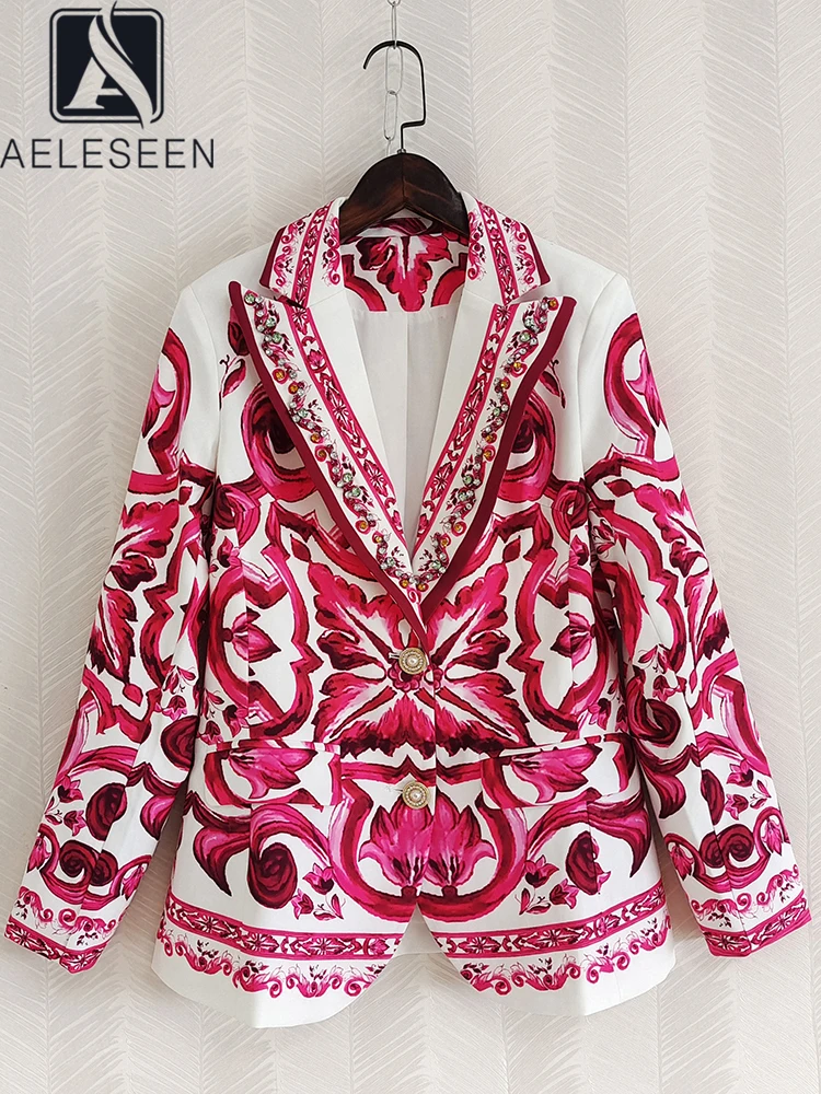 

AELESEEN Women Sicilian Blazer Design Fashion Autumn Beading Dianmonds Sequined Single-Breasted Red Flower Print Elegant Suit