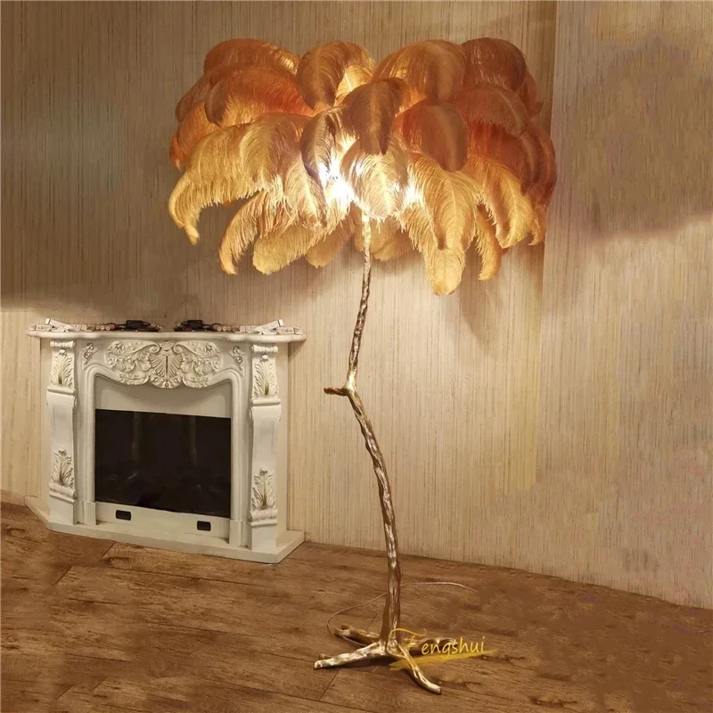 Modern Luxury Copper Ostrich Feather LED Floor Lamp Living Room Bedroom Interior Lighting Home Decor Standing Light