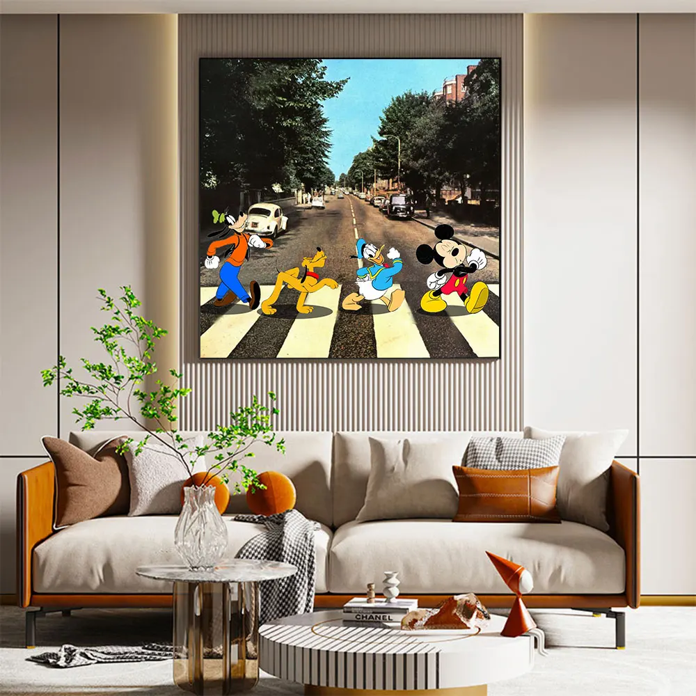 

Disney Classic Paintings Mickey And Friends Crossing The Zebra Crosing Canvas Poster for Living Room Interior Home Decor