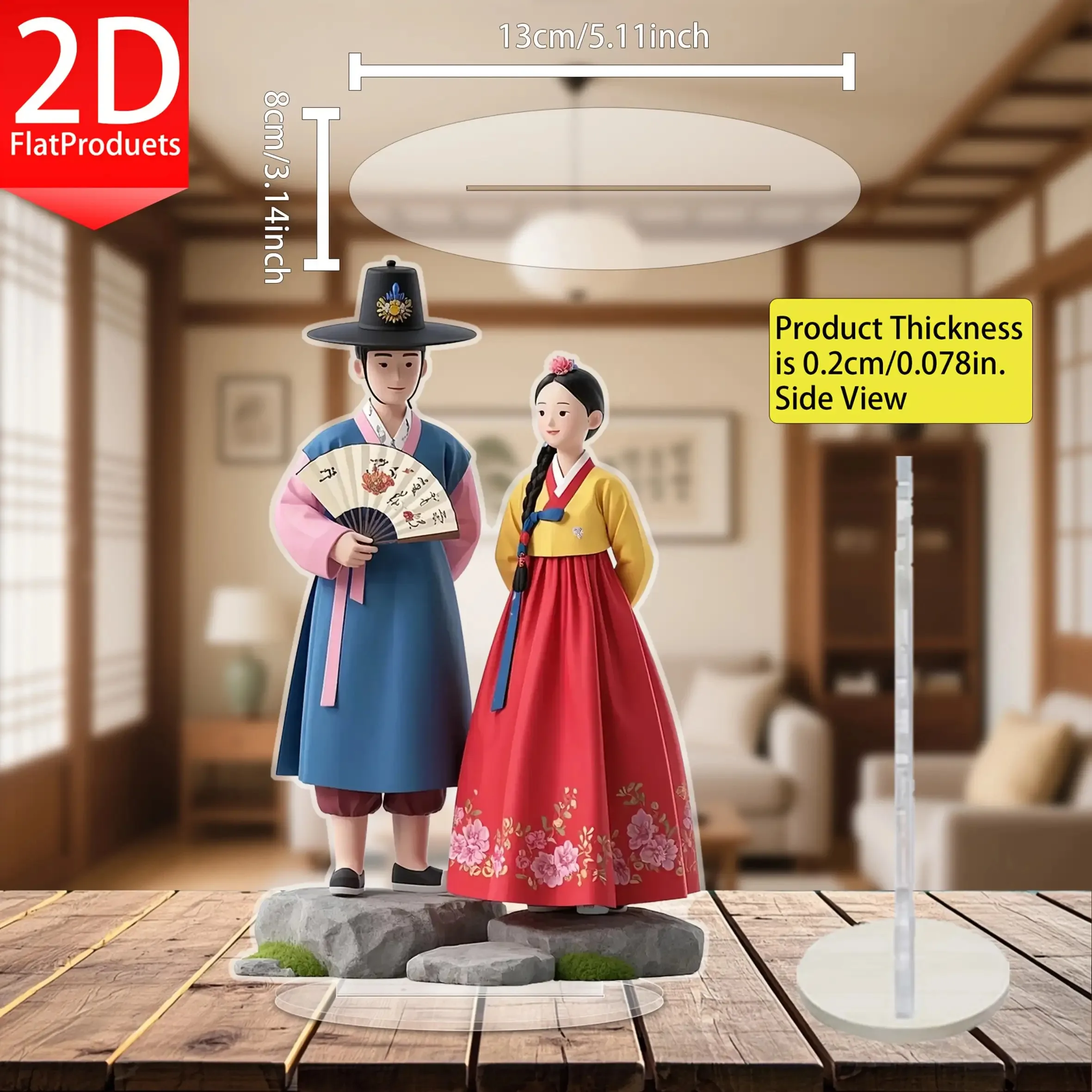 2D Flat, 2D Flat Acrylic K-drama Character - Traditional Korean Hanbok Figure with Fan and Accessories, Size 13.5cm/5.11 Inches,