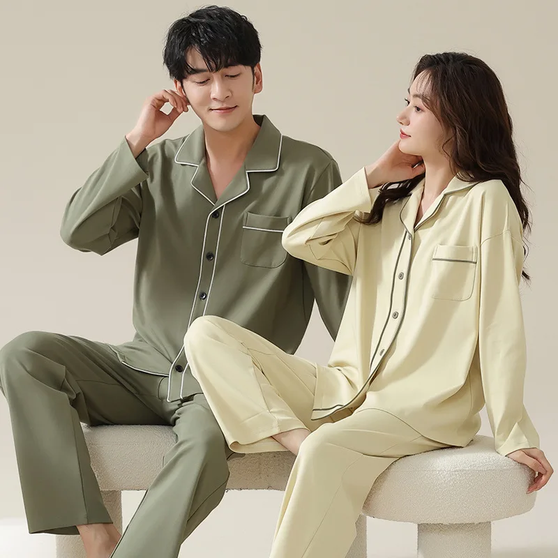 Pakaian tidur Mode Korea baru 2024 baju rumah katun lembut untuk kekasih wanita dan pria Piyama yang cocok set baju tidur kasual