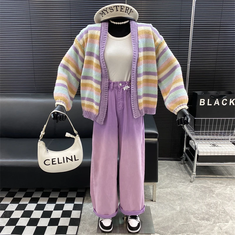 

2022 New fashion Designer new style Macarone color system Striped sweater coat autumn Rainbow Sweet Knitted cardigan