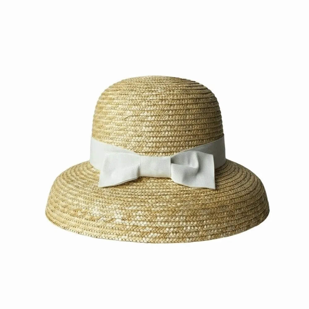 High-Density Weave Wheat Straw Cloche Grosgrain Ribbon Trim Retainable Shape French Style Sun Hat Breathable