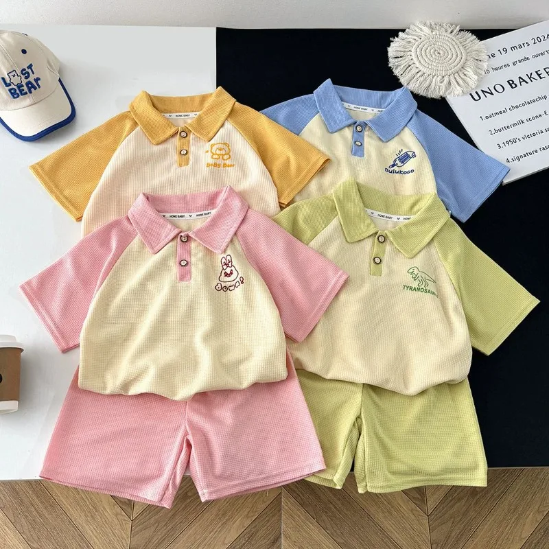 RAISE Sommer Kinder Jungen Polo-Shirt Set Dünnes Raglan-Kurzarmshirt Mädchen 2-teiliges Outfit Bonbonfarben Baby Mädchen Shorts Anzug
