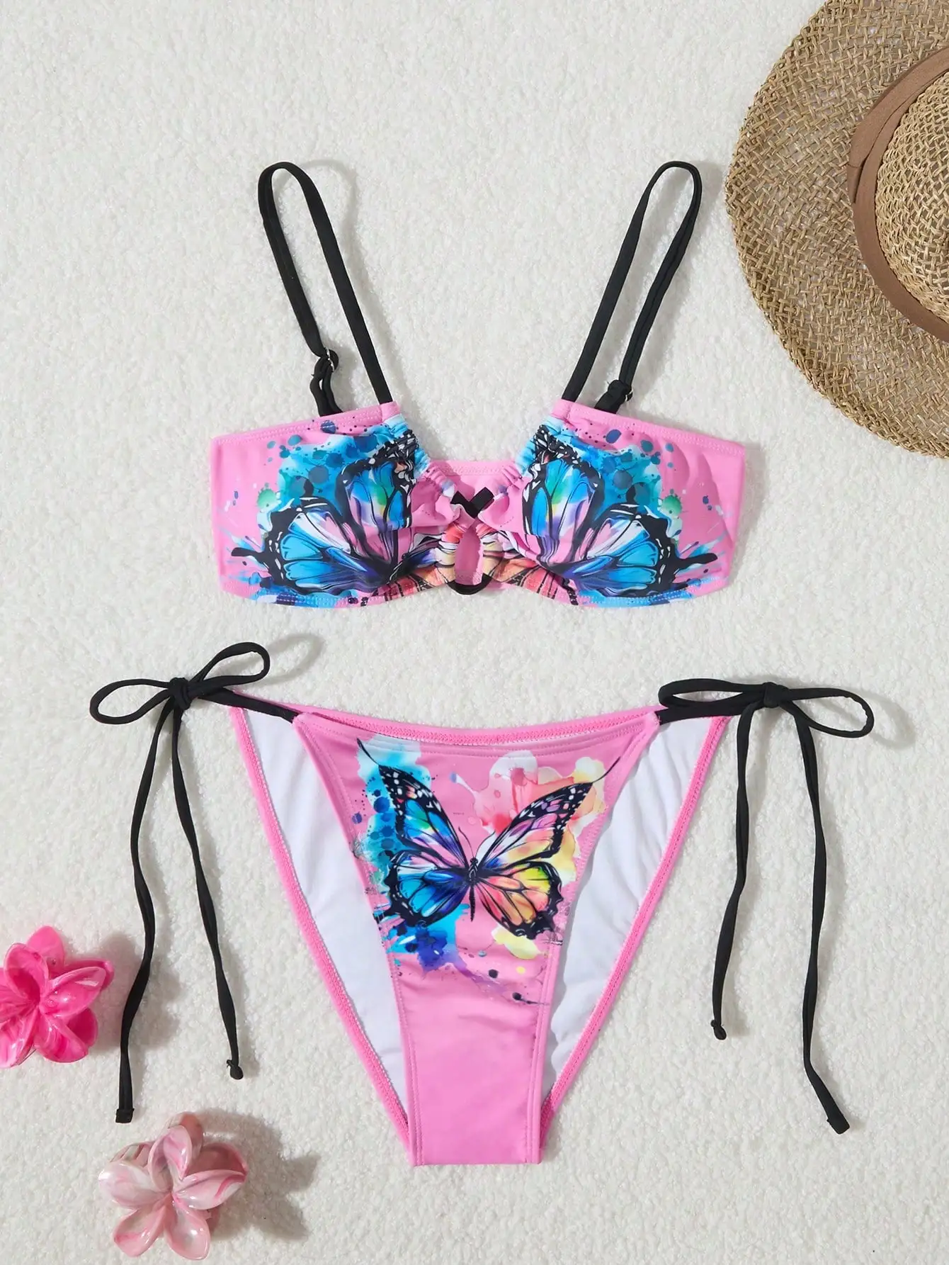2025 스트랩 스트링 비키니 섹시 수영복 여성 나비 프린트 수영복 여성 수영복 비치웨어