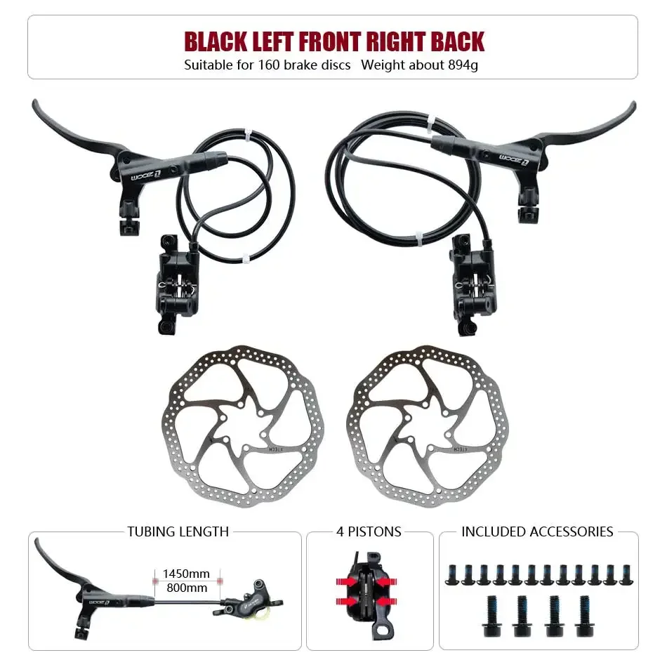 Zoom HB-876 4 Zuiger Opvouwbare Mountainbike Schijf Hydraulische Rem Set Voor 800 Achter 1400 Mm Mtb Fiets Kramp Rode Fietsonderdelen