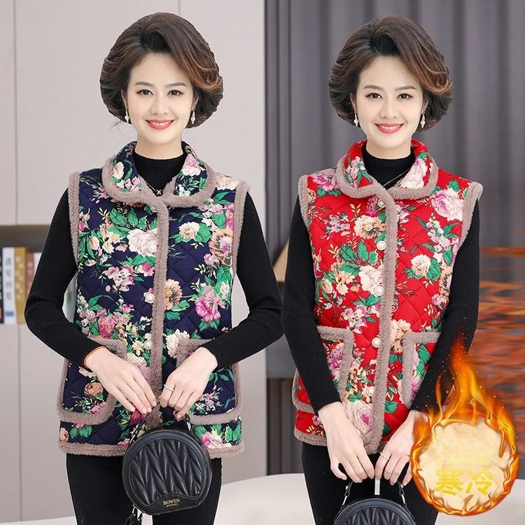 

2026 Winter Thiened Fce Lined Stand Collar Vest Large Floral Print mid Aged Women's Clothing Mom Sle plus Size Jaet