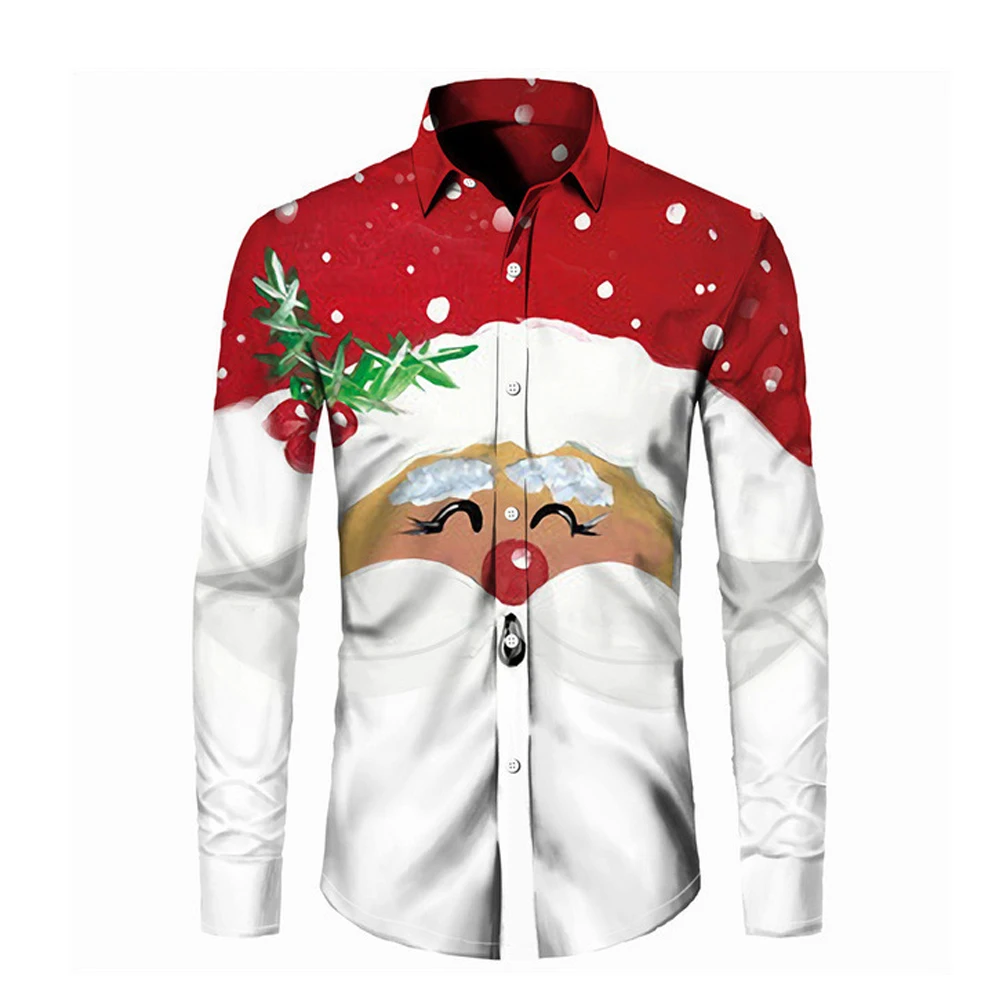 Mens Christmas Shirts Santa Claus Party Long Sleeve Button Down Shirts