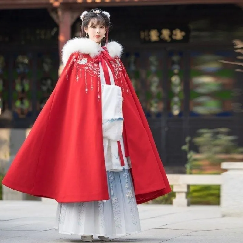 

Новогодний боевой халат в китайском стиле, верхняя одежда, новая оригинальная шерстяная накидка Hanfu со шляпой, женская длинная накидка с флисом, зимнее тепло