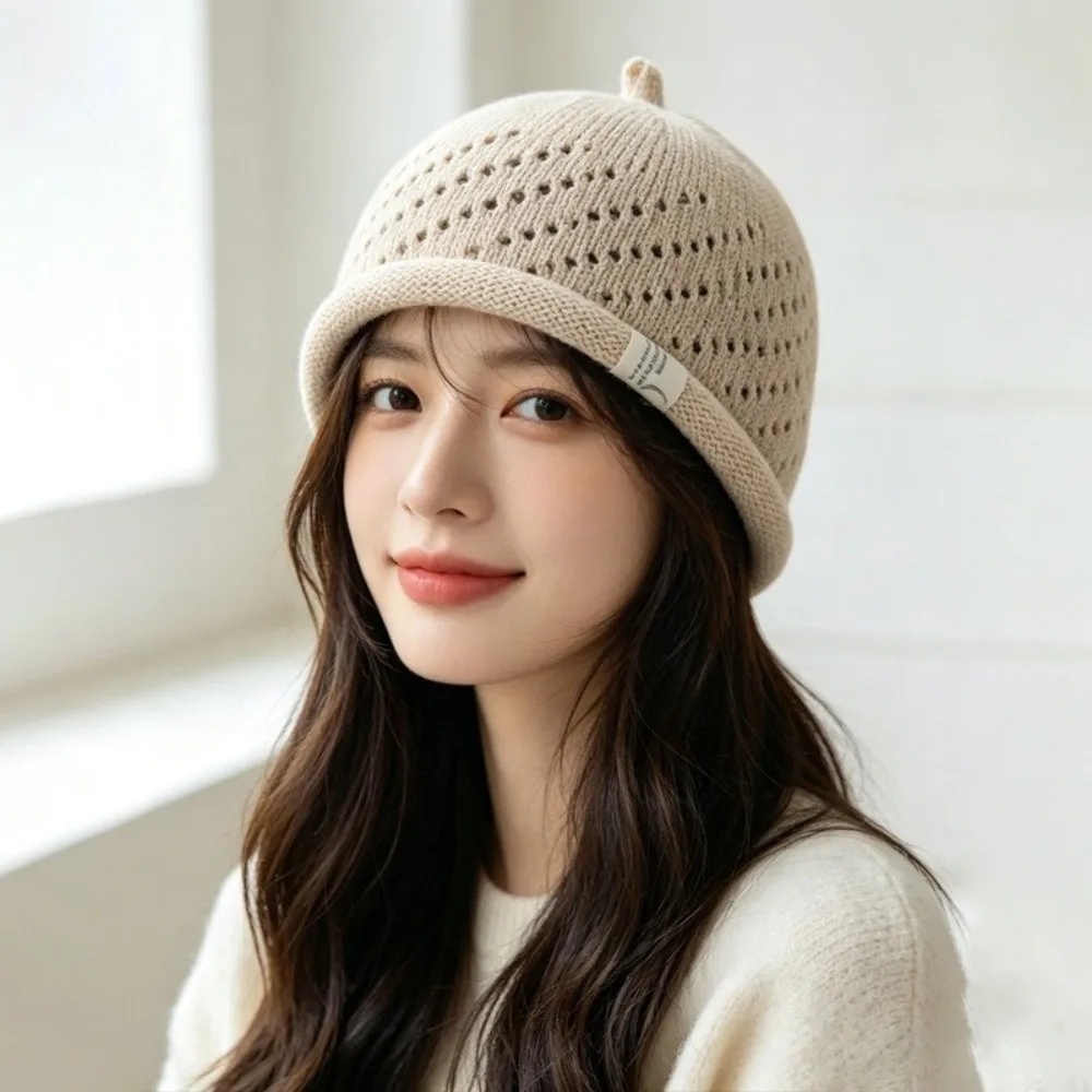 Fashion Mesh Beanie Hats Breathable Rolled Edge Knitted Hats Solid Color Outdoor Wear Bucket Hats All Season