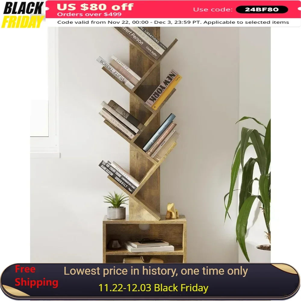 Tree Bookshelf, Small Bookcase with Storage Cabinet, Modern Tall Narrow Bookshelves Organizer, 6 Tier Tree Bookshelf