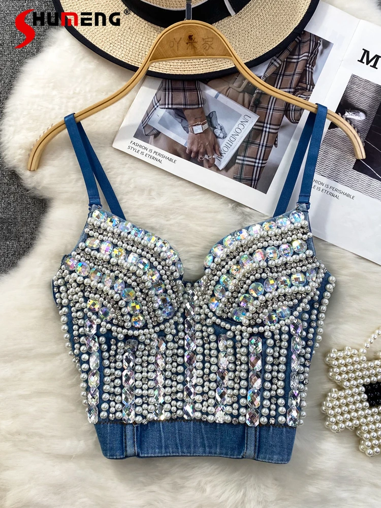 Fashion Sexy Underwear Tube Top Diamond Beaded Denim Camisole Women's Outer Wear Fishbone Tops Sleeveless Exquisite Clothes