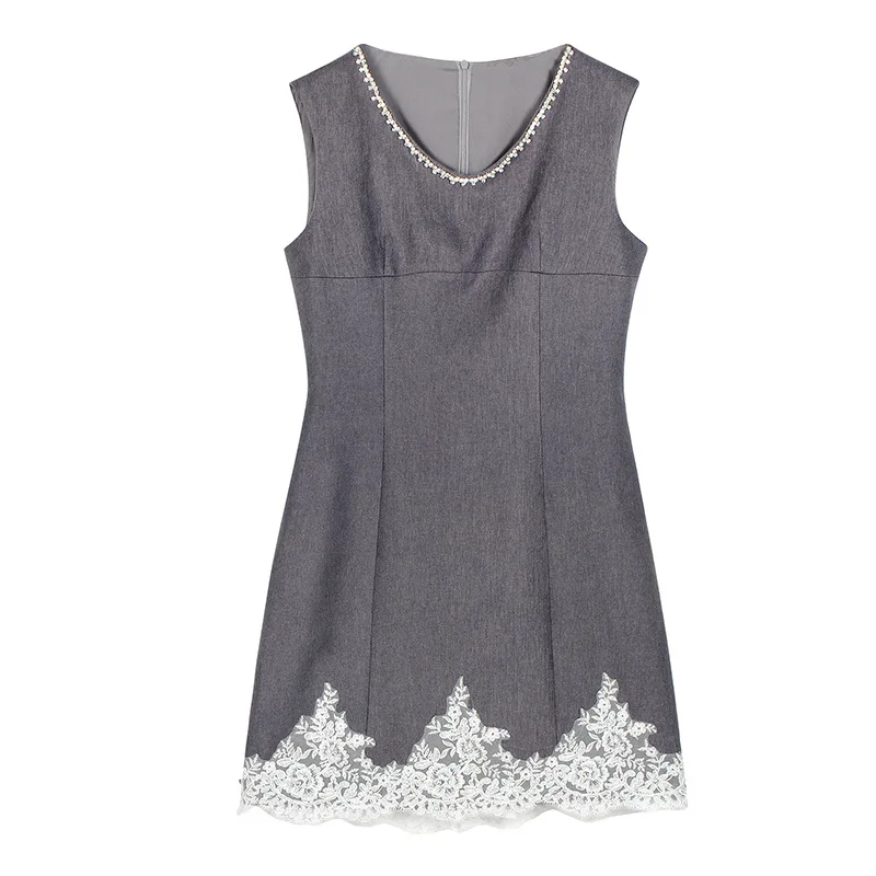 

Женское французское элегантное платье А-силуэта с вырезом под горло, украшенное стразами, модное, нежное, кружевное, с V-образным вырезом, без рукавов, короткое, для женщин