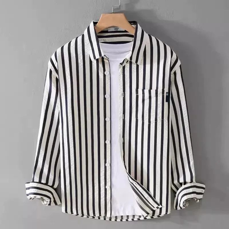 2026 New Men's Casual Striped Long Sleeve Shirt for Work Wear Resistant to Wear And Dirt Lightweight Polyester Fiber Youth Fa...