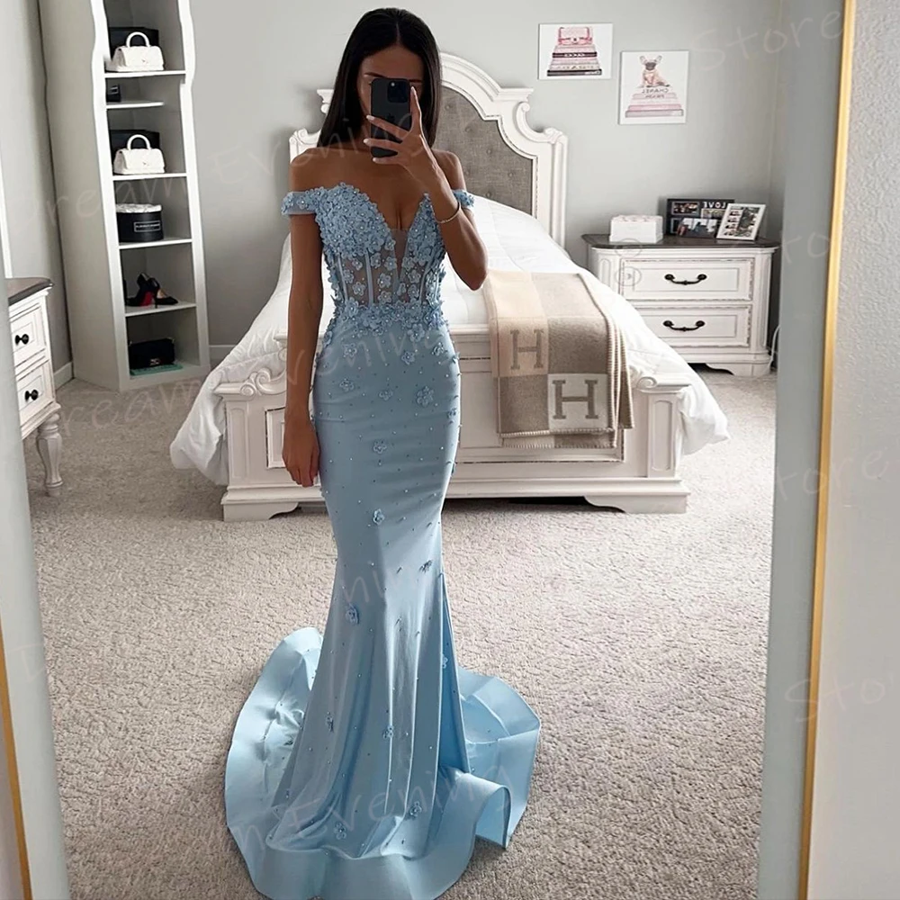 Vestido De Noche elegante para mujer, traje Sexy De sirena azul, hombros descubiertos, con apliques De cuentas