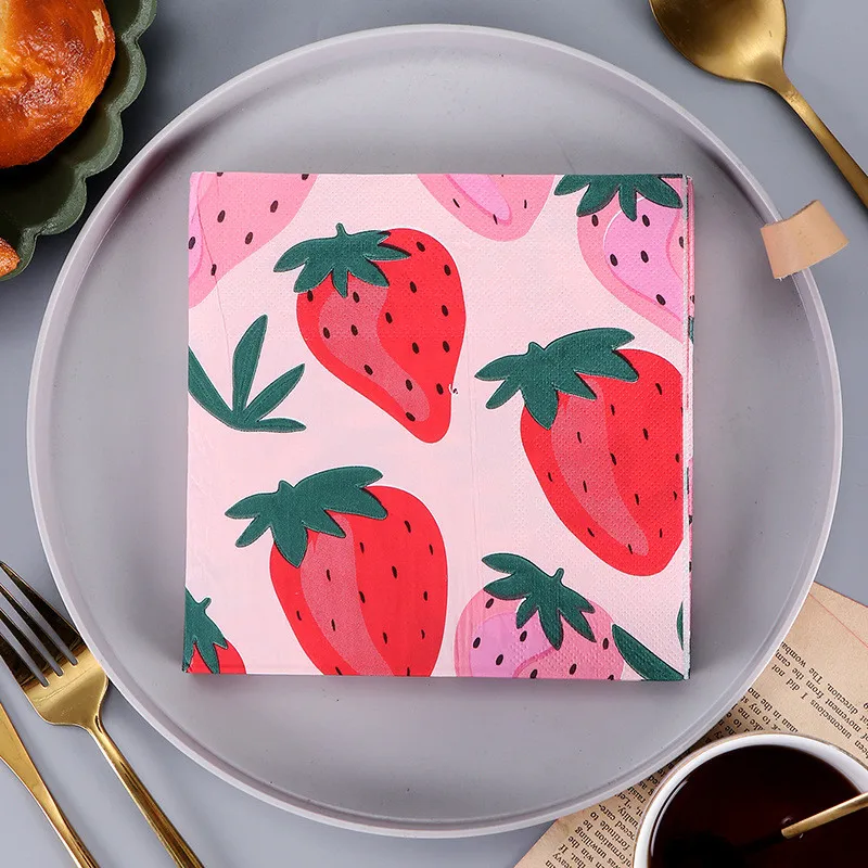 20Pcs 33x33cm Square Strawberry Printed Paper Tissue Disposable Tableware Napkin Birthday Party Decoration