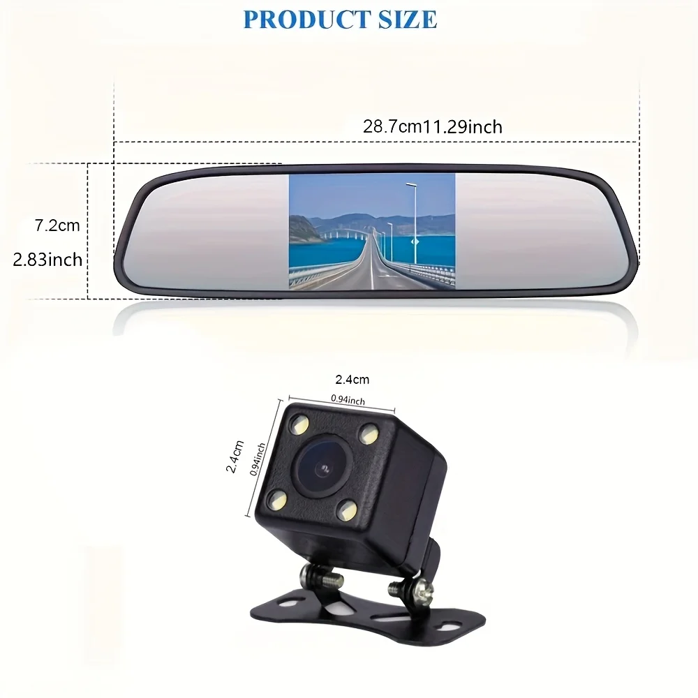 HD 4.3In TFT LCD Rearview Mirror Monitor with 4LED Backup Camera for Monitor Reversing Parking SUV Pickup Camper Tractor RV Etc.