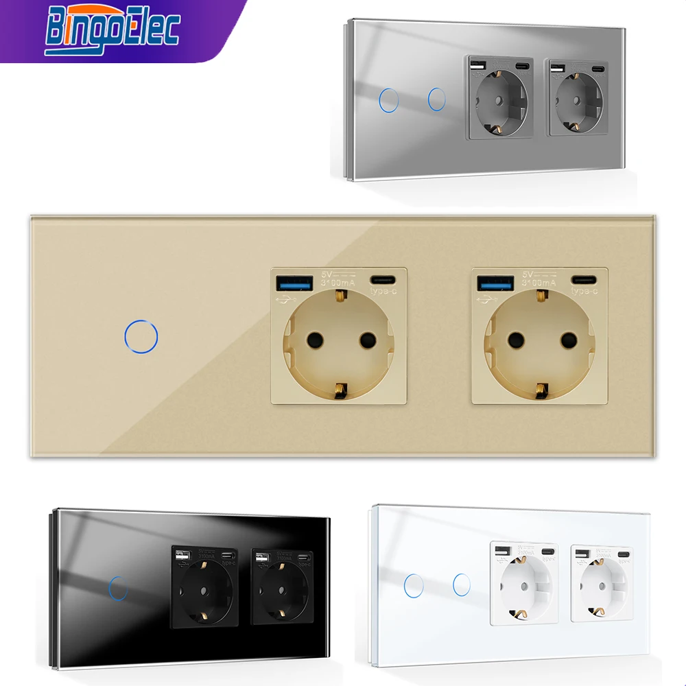 

Bingoelec Wall Light Switch Touch 1/2/3Gang Sensor Switch with Dual EU Power Socket TypeC USB Glass Panel Darkblue BackLight