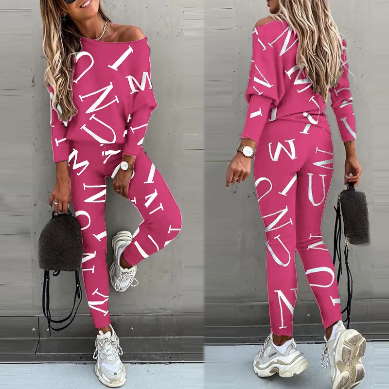 Spring New Style of Europe and the United States Women\'s Letters Printed Long-sleeved Trousers Casual Suit