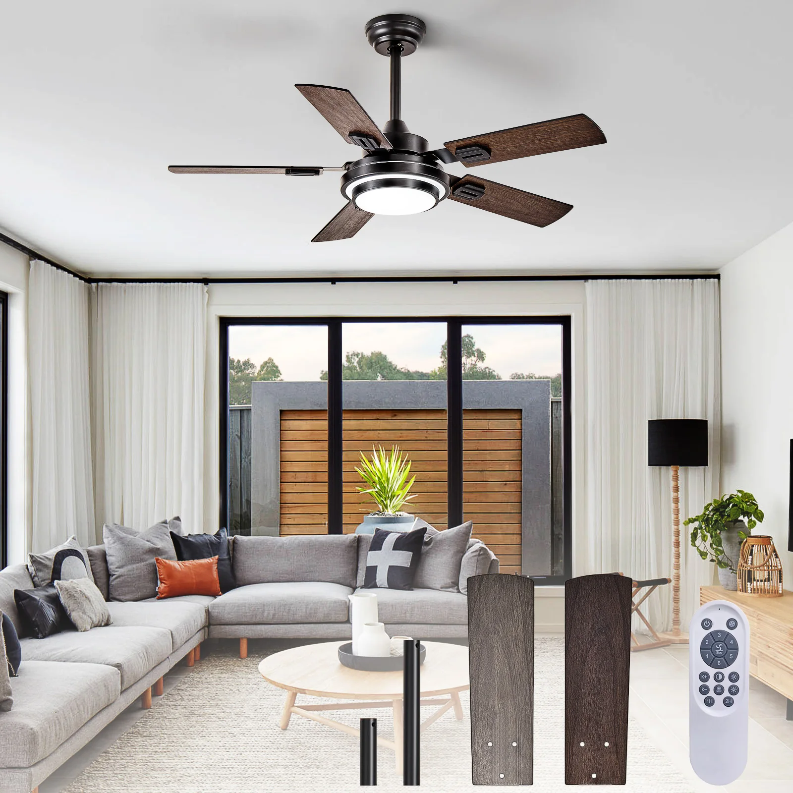 42/52-Inch Ceiling Fan with Light, 5 Blades Dual Finish Reversible - Farmhouse Fan Remote for Living Room Outdoor Patios