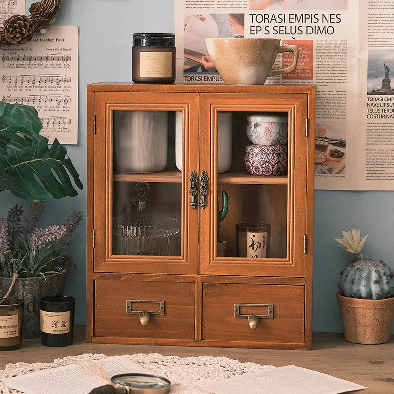 

Nordic Solid Wood Retro Wood Double Door Display Cabinet Sundry Miscellaneous Cosmetics Storage Cabinet Desktop Storage Box