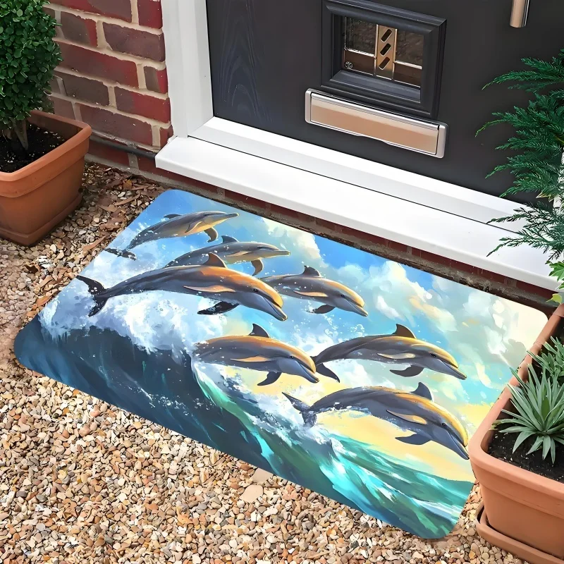 Leaping Dolphin Doormat Realistic Ocean Scenery Print Non Slip Entry Rug For Bathroom Entryway And Marine Themed Home Decor