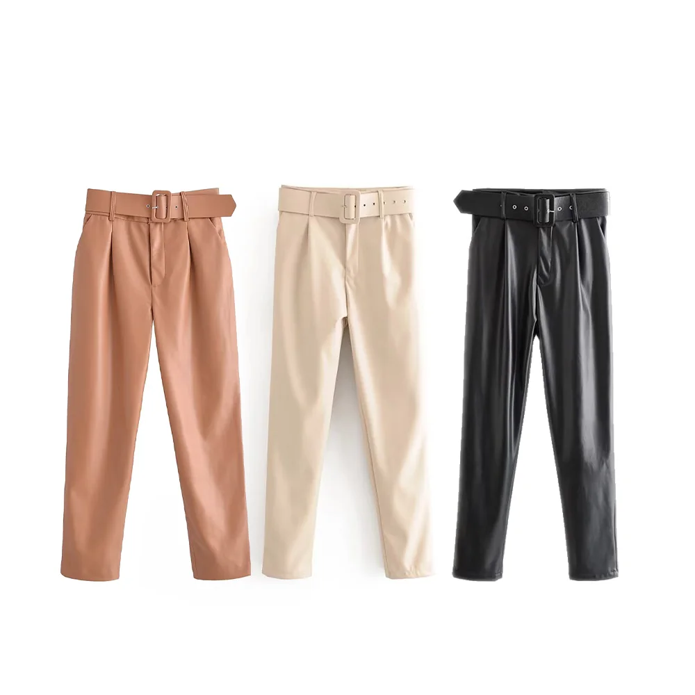 2024 otoño nueva moda mujer retro estilo de Hong Kong elástico de cintura alta cinturón recto pantalones de cuero casuales