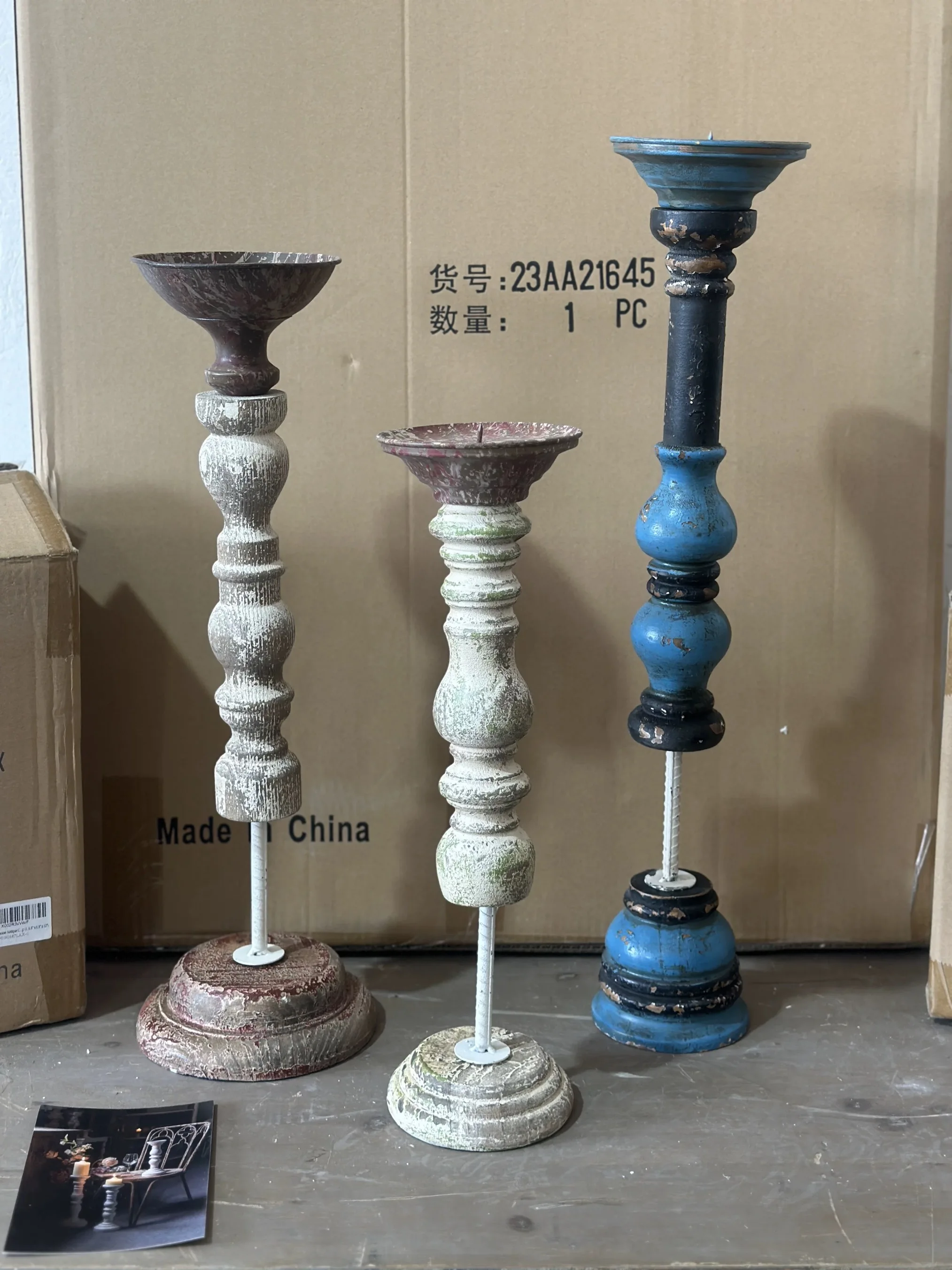 

Rustic Wooden Candle Holders, Distressed Finish, French Vintage Style, Solid Wood and Metal, A Set of 3pcs, Multiple Heights