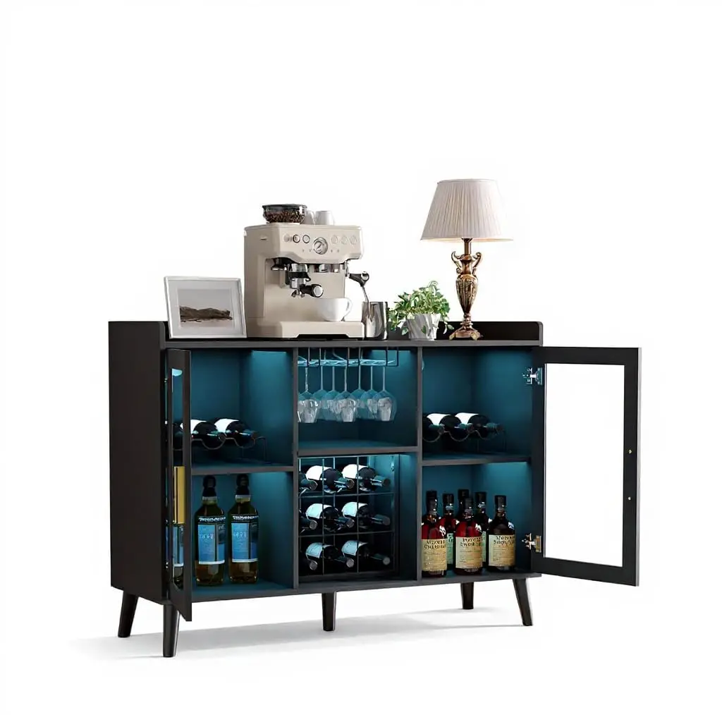 Modern Bar Cabinet with LED Lights, Wood Liquor Storage, Glass Holder, Wine Rack, Sideboard for Living Room, Customized