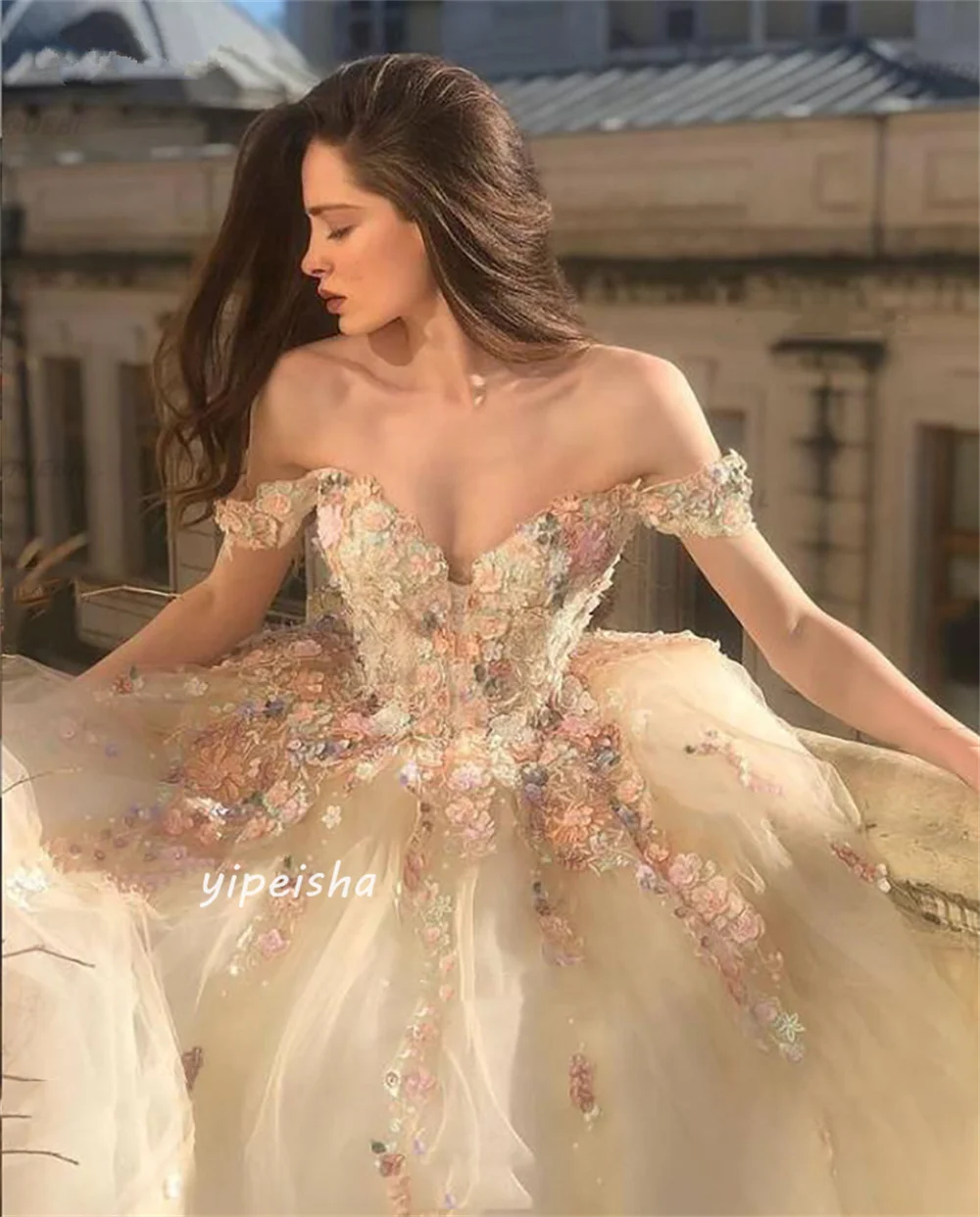 Evening Tulle Applique Ruched  A-line Off-the-shoulder Bespoke Occasion Gown Long Dresses