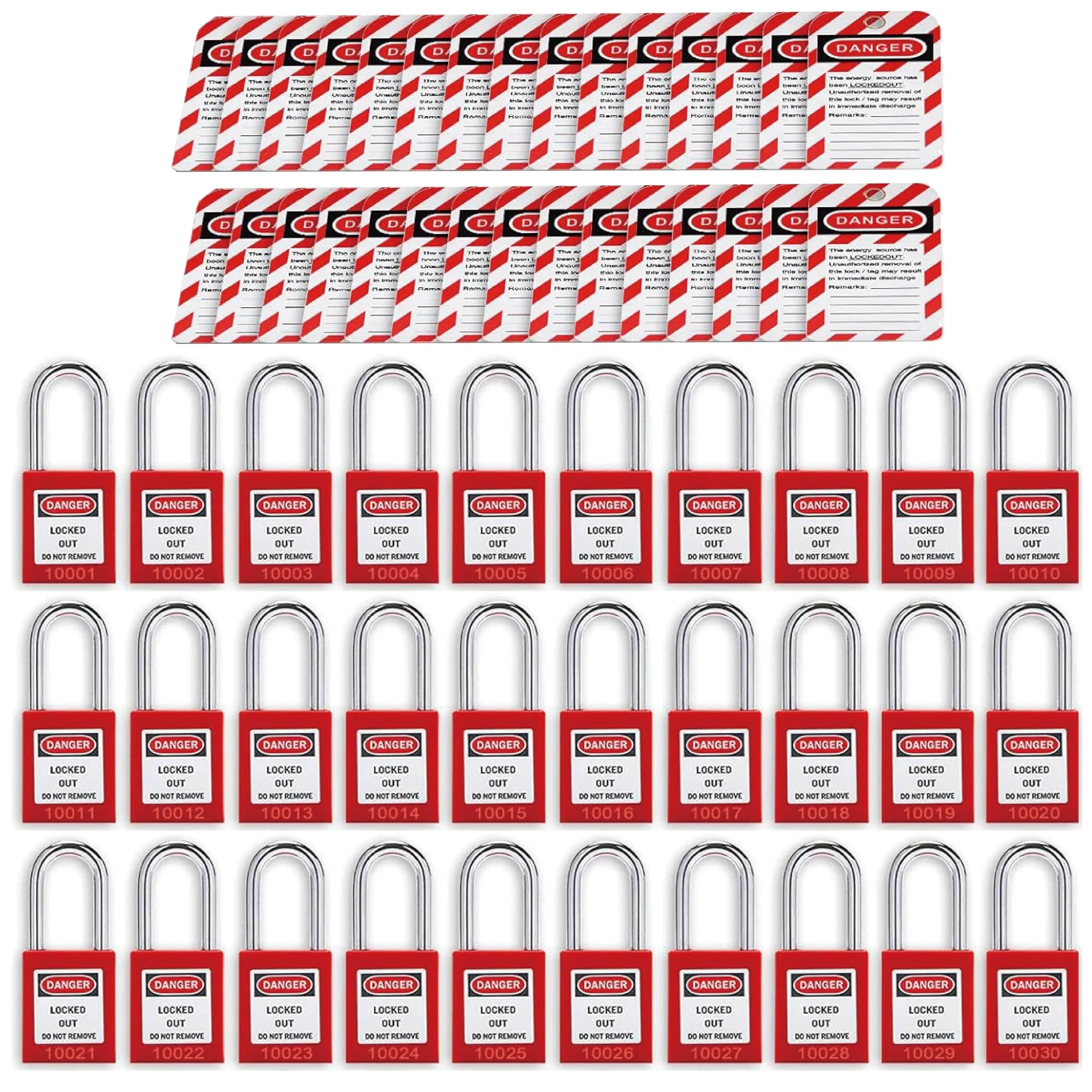 LOTO Safety Padlocks, Keyed Different - Non-Conductive Nylon Body, Stainless Steel Shackle - 2 Keys Each - Red, 10/30-Pack