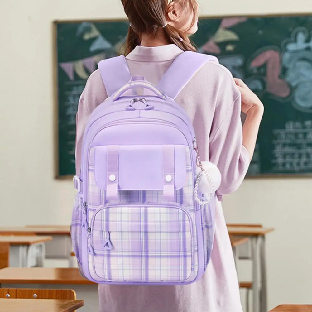 High School Girls Backpack Student Backpack with Plush Doll Pendant Multi-compartment Capacity School Bag Waterproof Travel