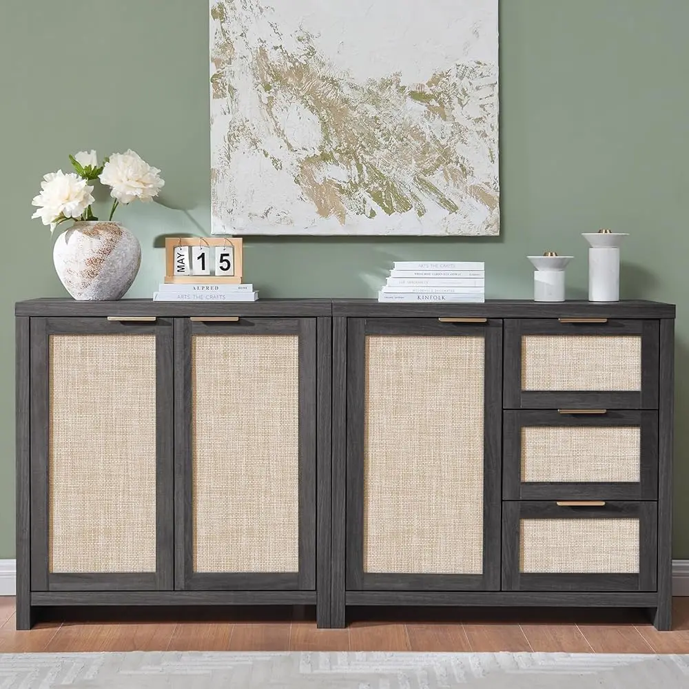 

Hampstead Storage Set, Rattan Sideboard Buffet With 3 Doors And 3 Drawers, 65.4"" Large Kitchen Console Cabinet For Living Room