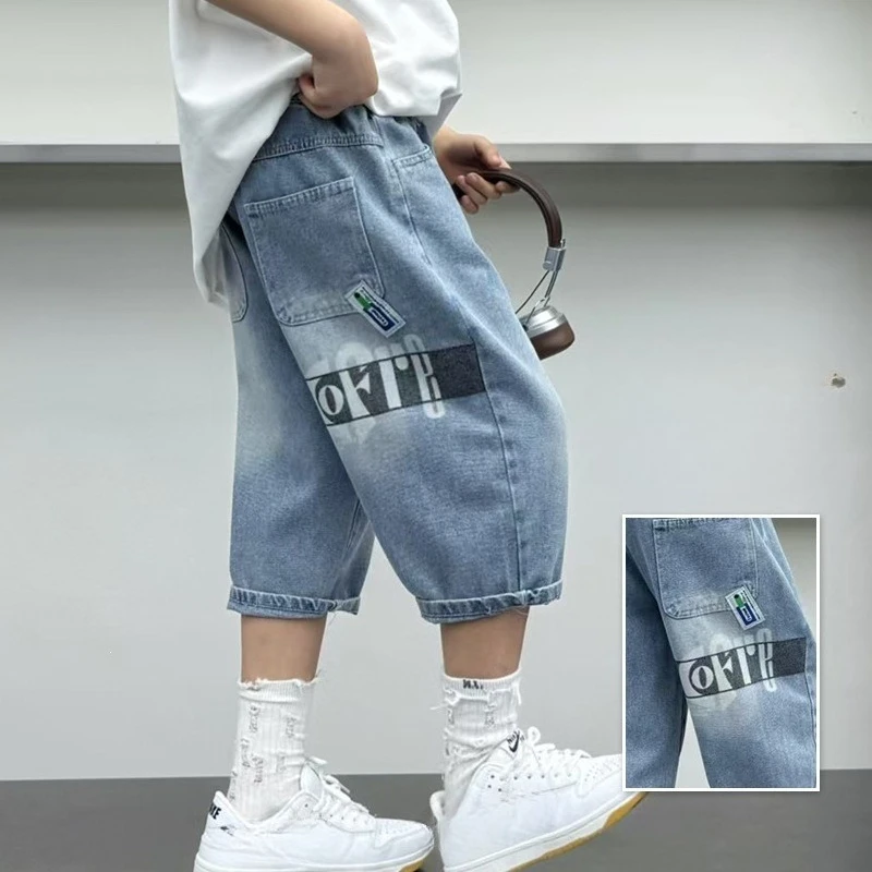 Hot Sale Kids Child Casual Denim Shorts with Letter Pocket for Tweens Boys Loose Straight Jeans Shorts Pants 5 7 9 11 13 14 Y