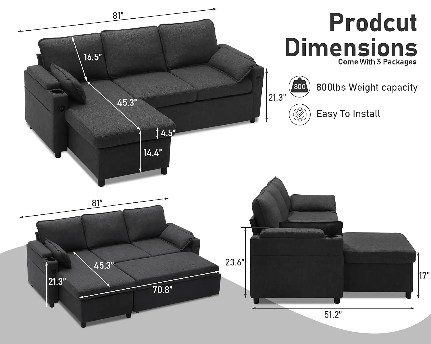 Sofa Bed Pull Out 2 in 1 Sectional Sleeper Sofa L Shaped Couch with Storage | Convertible Sofa Couches for Living, Customized