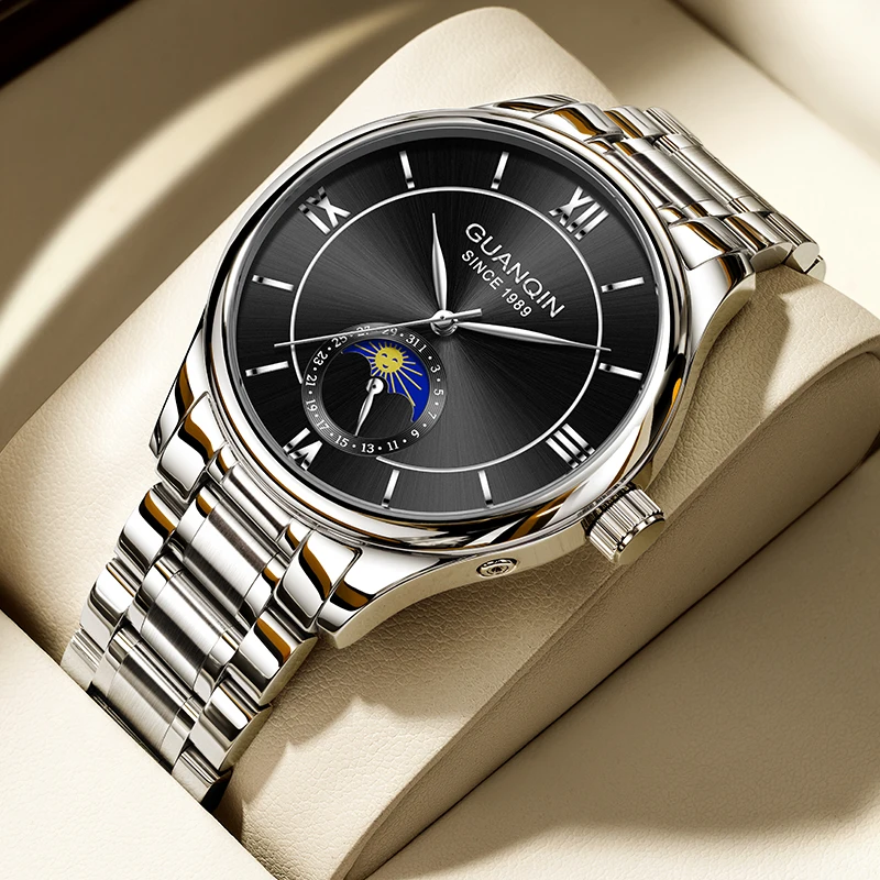 

GUANQIN Роскошные механические часы для мужчин, стальной кожаный ремешок, календарь, дисплей фазы Луны, деловые водонепроницаемые мужские часы для отдыха