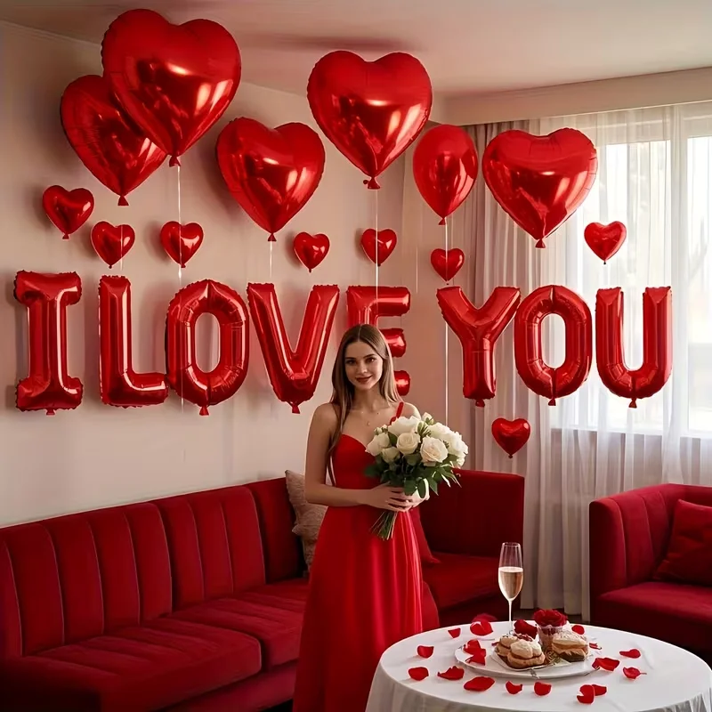 16-Zoll-Buchstabenballon-Set „I LOVE YOU“, herzförmige Luftballons aus Aluminiumfolie für Valentinstag, Verlobung, Hochzeit, Party-Dekoration
