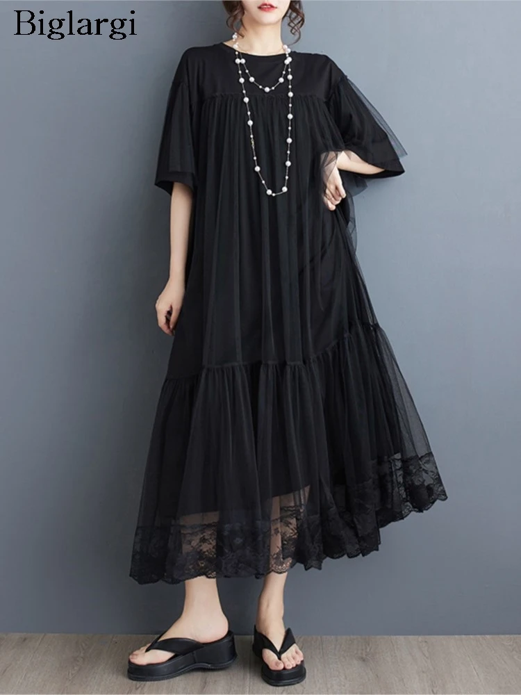 Oversized Summer Mesh Patchwork Long Dress Women Short Sleeve Fashion Ruffle Ladies Dresses Loose Pleated Woman New Dress