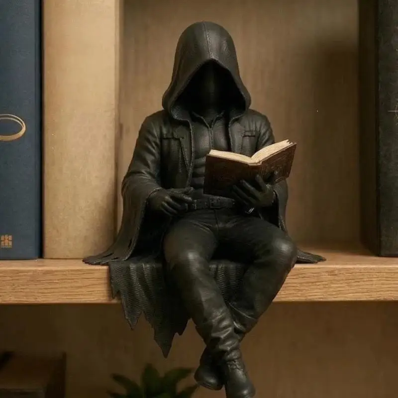 Grim Reaper Reading Statue Resin Black Hooded Skull Miniature Figurine Halloween Home Desktop Ornaments Gothic Decor