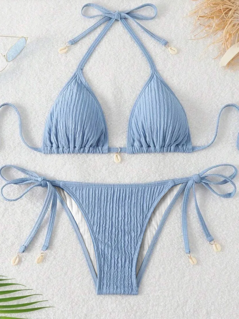 

Сексуальные синие однотонные ребристые галстуки-бикини с лямкой на шее, комплекты из двух частей, стринги, купальники, пляжная одежда, купальный костюм, купальники, бикини