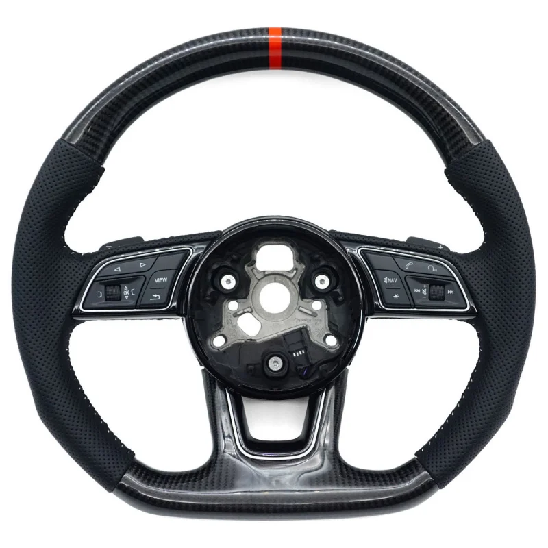 For Audi A4B9 S-Line carbon fiber semi-perforated steering wheel with white stitching and red center mark, flat bottom