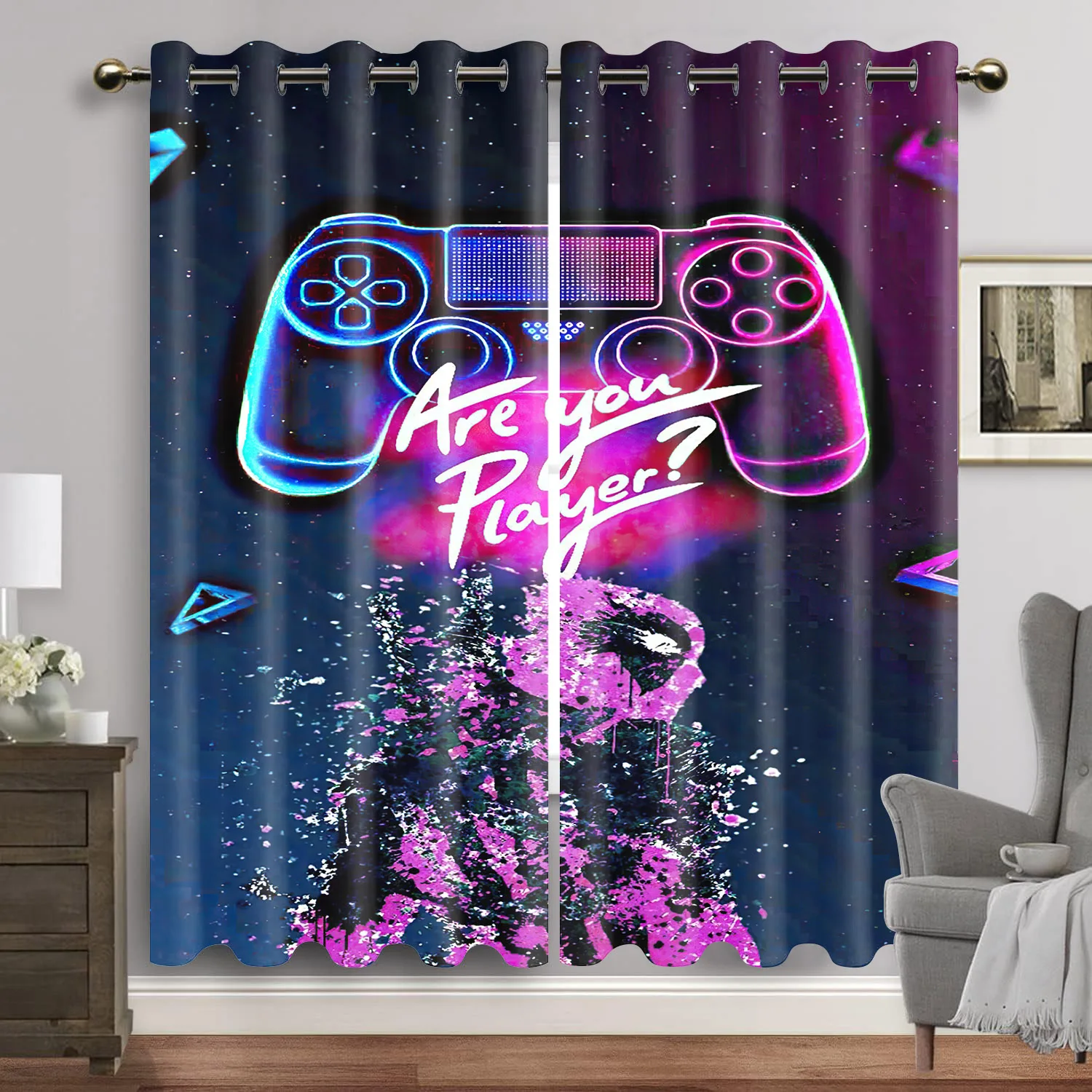 Gamepad Printed Thin Curtains for Boys Bedroom Gaming Room Decor Window Curtains Playing Video Game Window Drapes Shading 2panel