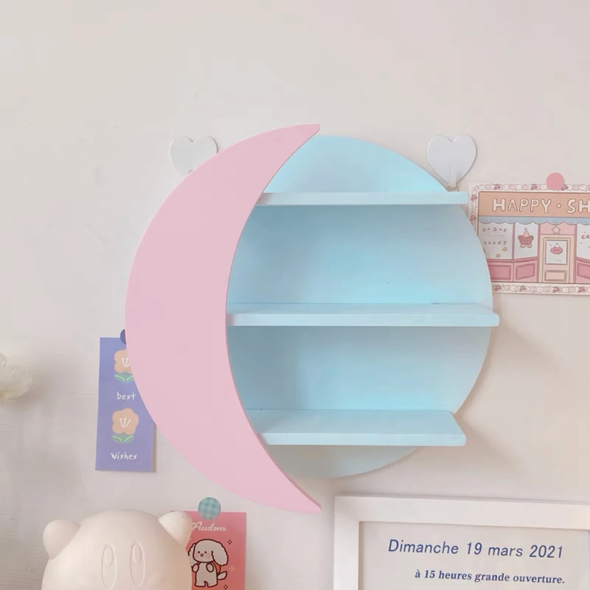 Pink Kawaii Storage Rack for Girls, Wooden, Cute, Makeup Rack, Home Bedroom Decoration, Wall Shelves, Ornaments