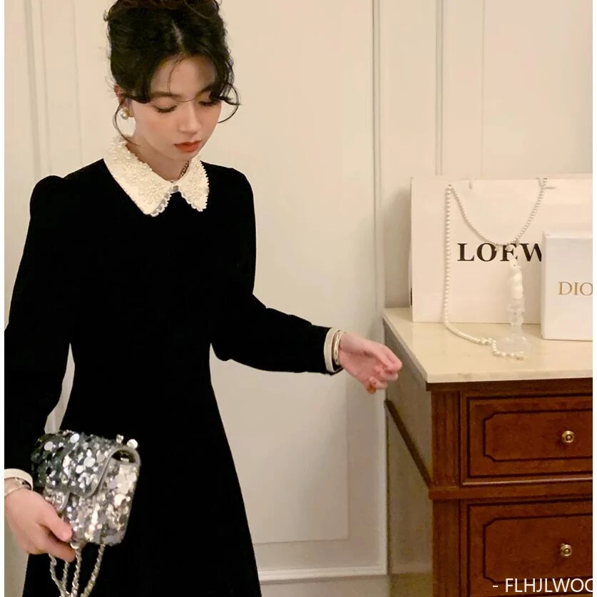 Black Velvet Dresses New Design French Style Women Fashion Long Sleeve Elegant Ruffles Lace Beaded Pearl Dress Feminine Vestidos