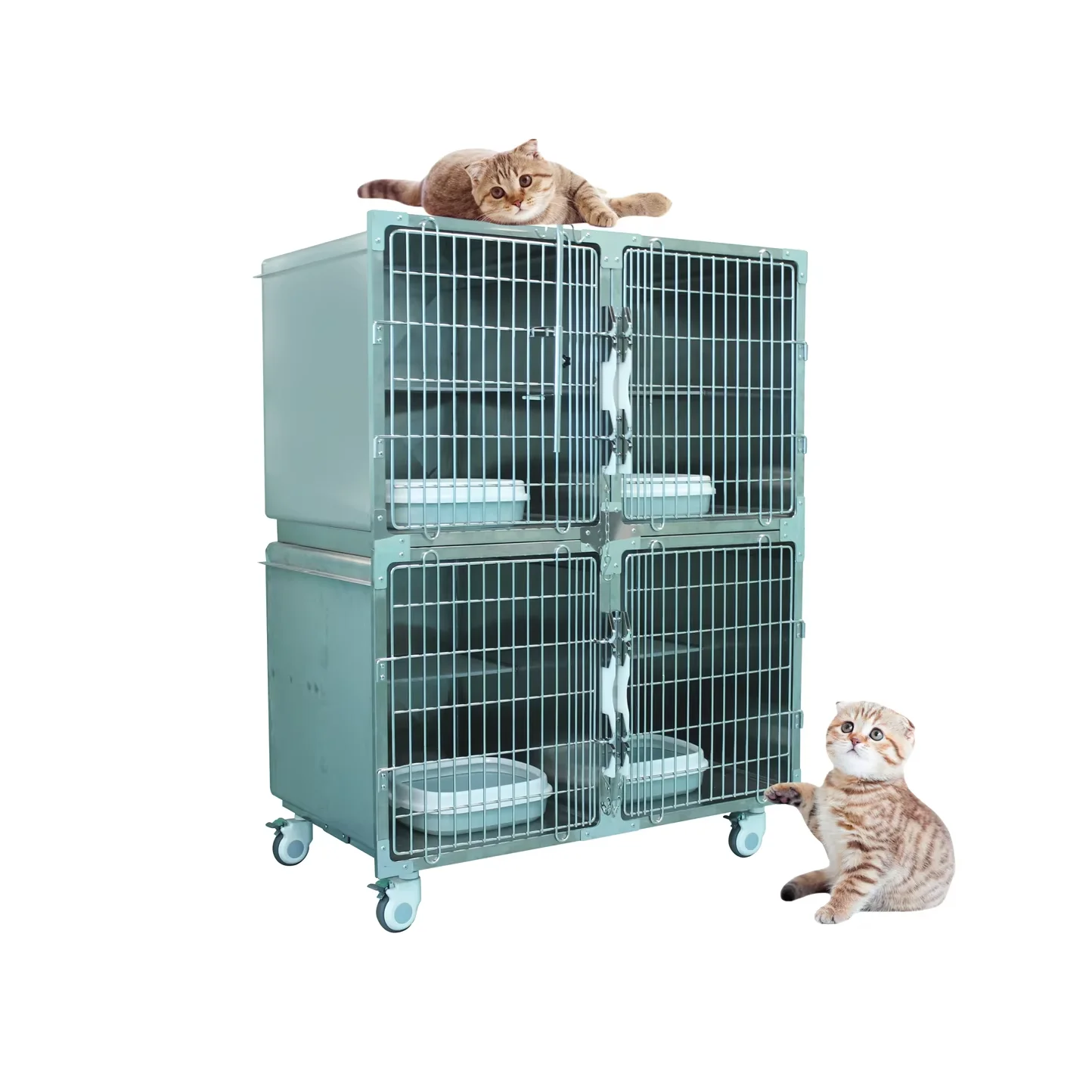 Heavy Duty 4-Compartment Cat Kennel Stainless Steel Pet Cage with Lock Wheels Veterinary