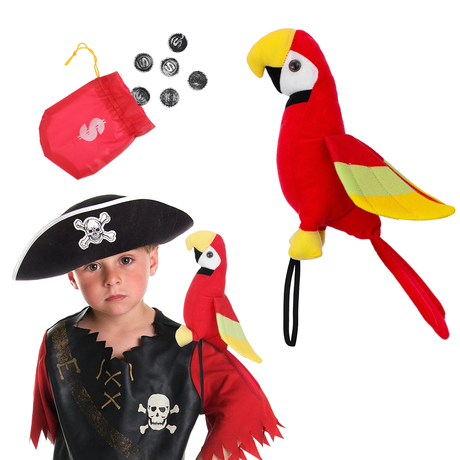1세트 해적 의상 액세서리 어깨에 앉아있는 만화 앵무새 어린이 코스프레 파티 소품 해적 용품 어깨에 앉아있는 앵무새
