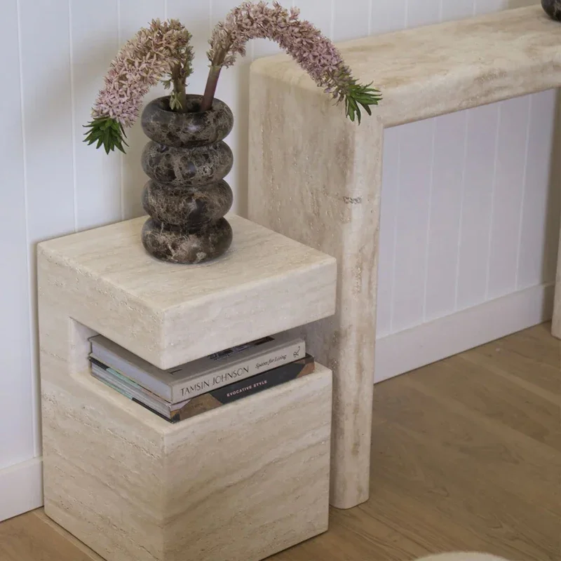 

Natural marble edge, corner, cream wabi, sofa, cave stone bedroom, bedside high-end table