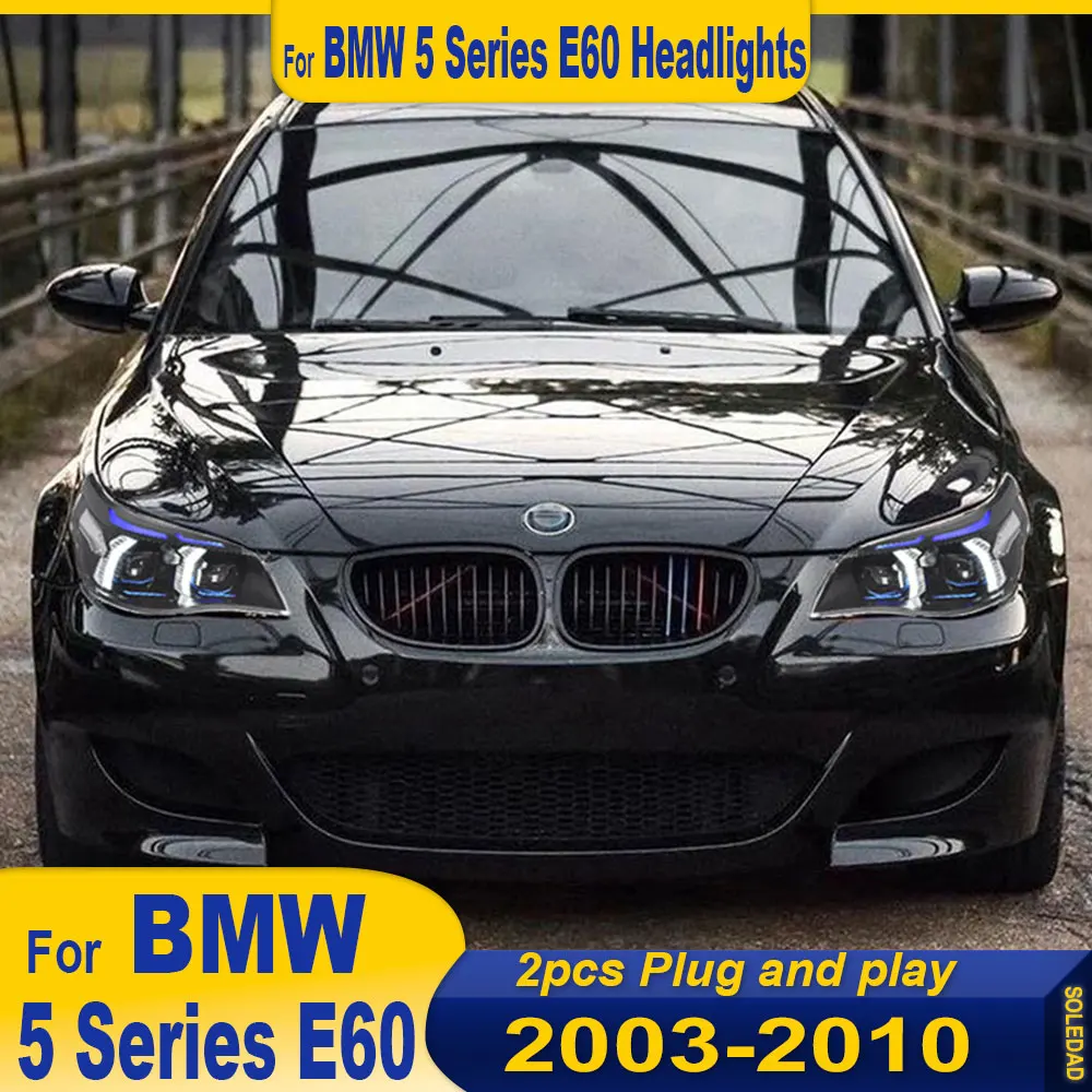 

Автомобильные светодиодные фары для BMW 5 серии E60 2003-2010, белые, желтые, в стиле DRL, полностью светодиодные в сборе, обновленные аксессуары для линз проектора