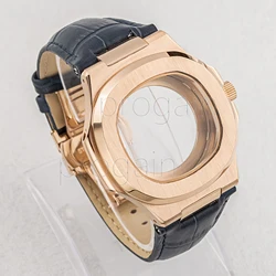 Rose Case 25mm Genuine Leather Band Stainless Steel NH35 Case Sapphire Glass Watchcase for NH35 NH36 Movement Nautilus Case