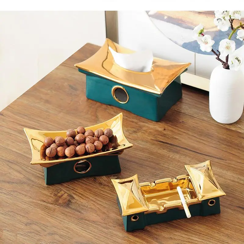 Chinese Ceramic Ornaments Ancient City Tissue Box Napkin Ashtray Fruit Plate Snack Tray Home Decoration Accessories Crafts